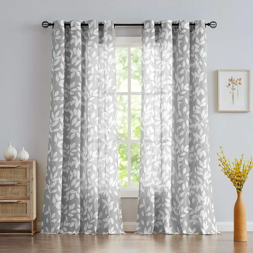 Miniatura 2 de Treatmentex Cortinas blancas y grises para dormitorio de 84 pulgadas de largo, cortinas semitransparentes con estampado de hojas para ventanas