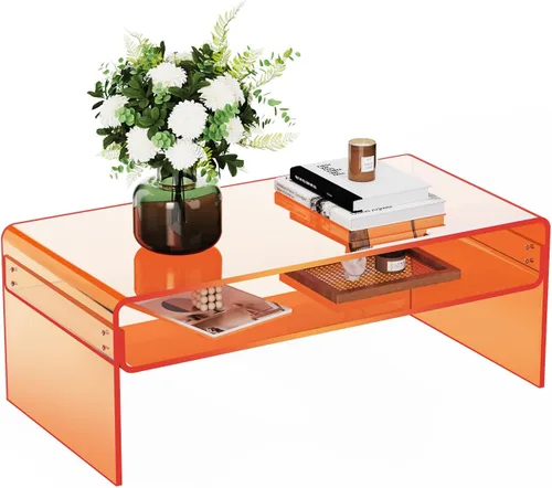 Miniatura 15 de Mesa de café acrílica para sala de estar con estante de almacenamiento abierto, mesa rectangular transparente de Lucite (1, Transparente, Normal)