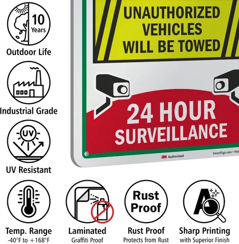 Miniatura 7 de SmartSign Letrero metálico de 18 x 12 pulgadas con texto en inglés «Reserved Parking – Unauthorized Vehicles Will Be Towed, 24 Hour Surveillance