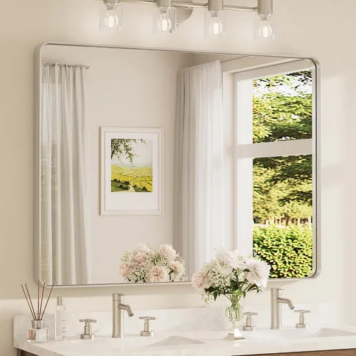 Miniatura 102 de TETOTE Espejo de marco dorado cepillado de 16 x 24 pulgadas, espejo de tocador de baño de latón dorado para pared, espejo enmarcado rectangular
