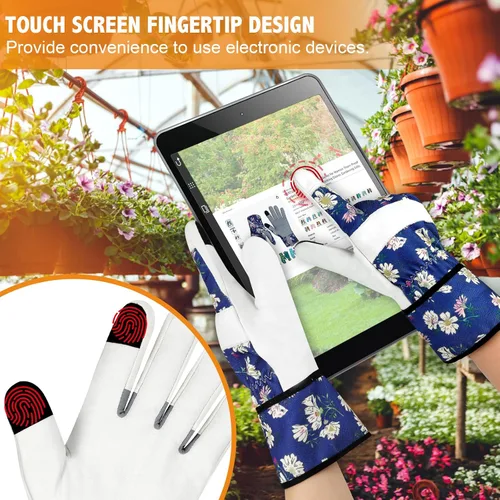 Miniatura 5 de Guantes de jardinería de cuero para mujer, guantes de jardín a prueba de espinas, diseño de pantalla táctil, guantes de trabajo resistentes