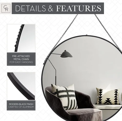 Miniatura 3 de Camden Reed Espejo de pared redondo de metal negro colgante de 23.5 pulgadas con cadena, espejo de acento, espejo de dormitorio, espejo de baño