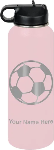 Miniatura 18 de LaserGram Botella de agua personalizada, pelota de fútbol, acero inoxidable de doble pared aislada al vacío con popote superior, regalo grabado