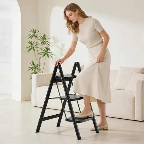 Miniatura 9 de Escalera plegable de 3 escalones, resistente taburete pequeño de 330 libras para adultos, escalera de armario con pedales anchos antideslizantes