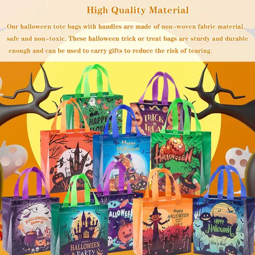 Miniatura 3 de 12 bolsas de Halloween para dulce o truco, bolsas de mano con asas para niños, bolsas de regalo reutilizables no tejidas de Halloween para envolver