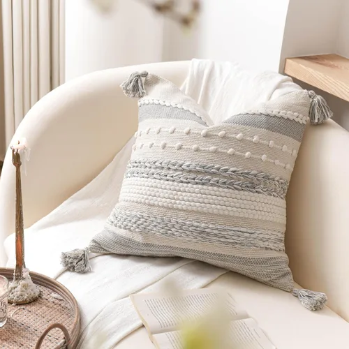 Miniatura 8 de BlissBlush Funda de almohada decorativa bohemia gris de 22 x 22 pulgadas, cojín cuadrado de estilo rústico para sofá, sala de estar y dormitorio