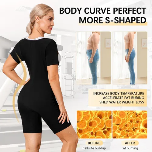 Miniatura 6 de Traje de sauna para mujer, entrenamiento de cintura de cuerpo completo, traje de sudor de manga corta con pantalones cortos moldeador de cuerpo