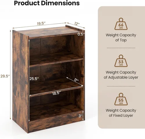 Miniatura 3 de Giantex Estantería de 3 cubos, color marrón, estantería abierta industrial moderna de 3 niveles con estantes ajustables, dispositivo antivuelco