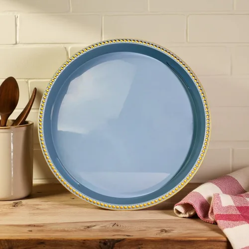 Miniatura 8 de Bandeja decorativa azul para mesa de café, bandeja de servir redonda de plástico con cuentas para encimera de cocina, otomana, sala de estar, (13")