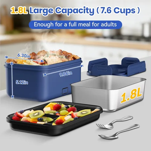 Miniatura 6 de Vingud Lonchera eléctrica inalámbrica para adultos, lonchera térmica recargable de 1.8 L, calentador de alimentos, lonchera portátil autocalentable