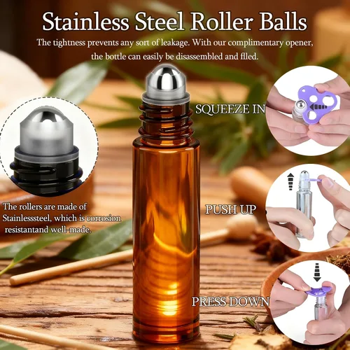 Miniatura 2 de PrettyCare Paquete de 12 aplicadores de bola rodante, botellas de rodillo de vidrio ámbar para aceite esencial con bola de rodillo de acero