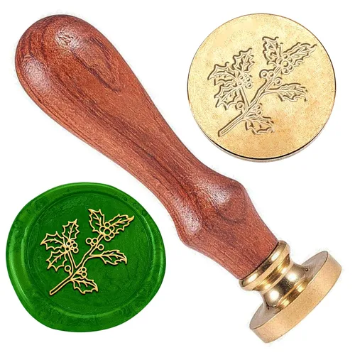 Holly Branches - Sello de cera de verano en relieve, extraíble de 1 pulgada, cabeza de sello de cera de latón con mango de madera, sobres de Ramas