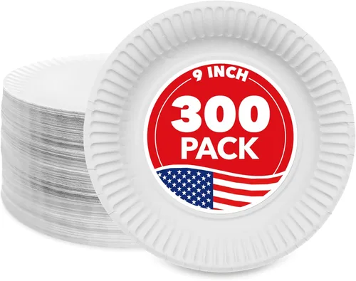 Stock Your Home Platos de papel de 9 pulgadas sin recubrimiento, platos desechables de uso diario de 9 pulgadas, a granel, blanco, 300 unidades