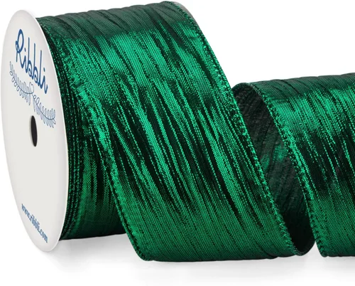 Ribbli - Cinta de alambre ondulada verde bosque con borde metálico, cinta de Navidad verde bosque para guirnalda, coronas, moño de la parte