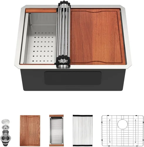 Miniatura 19 de Fregadero Dcolora de 30 Pulgadas para Instalación Bajo Encimera Negro de Acero Inoxidable Fregadero de Cocina Bajo Encimera Estación de Trabajo