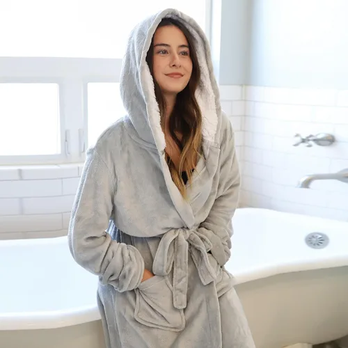 Miniatura 4 de Bata de baño larga con capucha Sherpa para mujer, con capucha, forro de sherpa, color gris