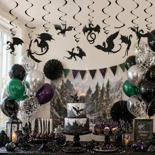 Miniatura 2 de Sumind 30 piezas de remolinos colgantes de dragón, decoración colgante de techo de dragón negro para suministros de fiesta de cumpleaños temática