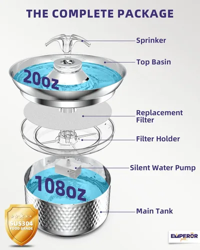 Miniatura 9 de Bomba de repuesto para fuente de agua para gatos Fuente de agua para gatos de acero inoxidable de 108 oz/3.2 L para gatos en el interior, fuente