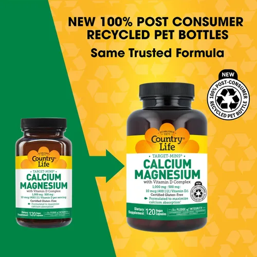 Miniatura 2 de Country Life Target-Mins - Calcio y magnesio con complejo de vitamina D, 1000 mg/500 mg/10 mcg, 120 cápsulas veganas, certificado sin gluten