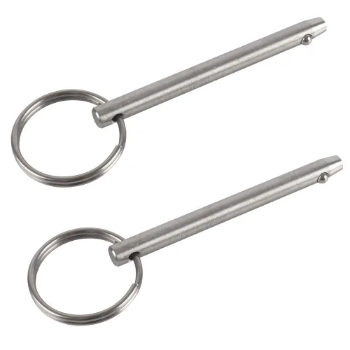 Paquete de 2 pasadores de liberación rápida, diámetro de 1/4" (6.3mm), longitud total 3" (76mm), longitud utilizable de 2.4" (61mm), acero