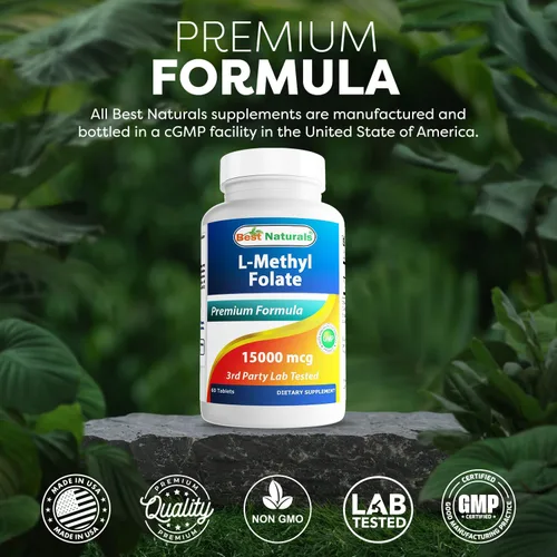 Miniatura 5 de Best Naturals Folato de metilo 15000 mcg (15 mg) (la mayoría biodisponible) 60 tabletas - Apoya la función de crecimiento de la formación celular
