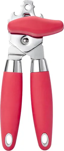 TJ POP - Abrelatas manual, abrelatas de mano resistente, borde liso, perilla de fácil giro, con abrebotellas, accesorios de cocina, color rojo