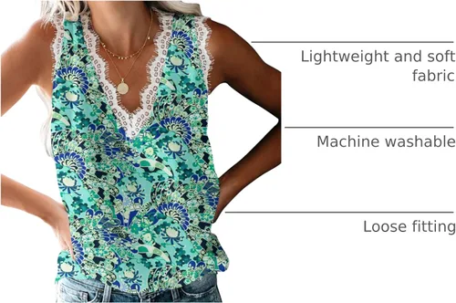 Miniatura 228 de VIISHOW - Camiseta sin mangas, sexy, con cuello en V y bordes de encaje para mujer, camisola de vestir, camisas de gasa, sin mangas, casuales
