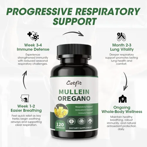 Miniatura 7 de Mullein Cápsulas de aceite de orégano para pulmones desintoxicante 7 en 1 puro extracto de hoja de gordolobo, saúco, cúrcuma, menta para apoyo