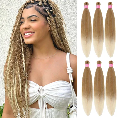Miniatura 27 de Cabello para trenzar preestirado plateado, 20 pulgadas, 6 paquetes de extensiones de cabello trenzado Ombre preestiradas para mujeres, fibra