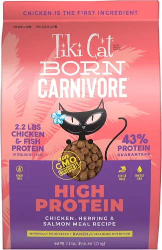 Tiki Cat Born Carnivore Alimento Seco para Gatos Alto en Proteínas, Pollo, Arenque y Harina de Salmón, Bolsa de 2.8 lbs