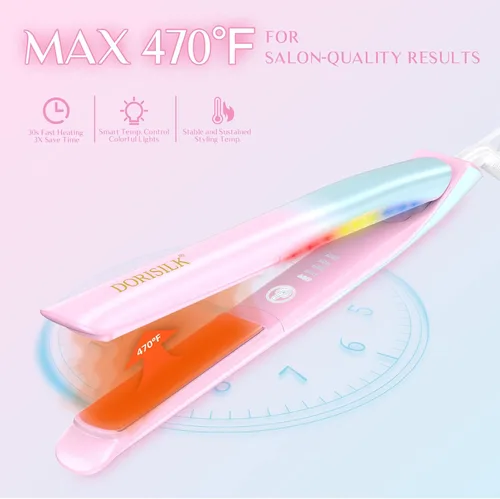 Miniatura 3 de DORISILK Plancha de pelo de 470°F con luz colorida, plancha plana de doble voltaje para viajes a la UE, 1 pulgada, alisador y rizador de cerámica