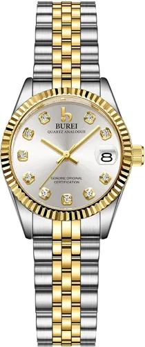 Miniatura 13 de BUREI Reloj de negocios para mujer con fecha de día, movimiento de cuarzo analógico, pulsera de acero inoxidable de oro plateado, reloj de moda