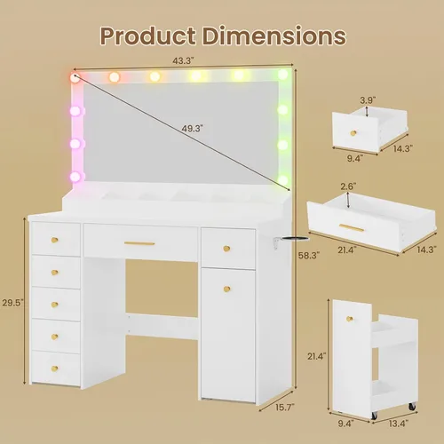 Miniatura 2 de LAKEMID Escritorio de tocador blanco con espejo y luces, mesa de tocador de maquillaje con salida y 8 cajones, escritorio de maquillaje con luces