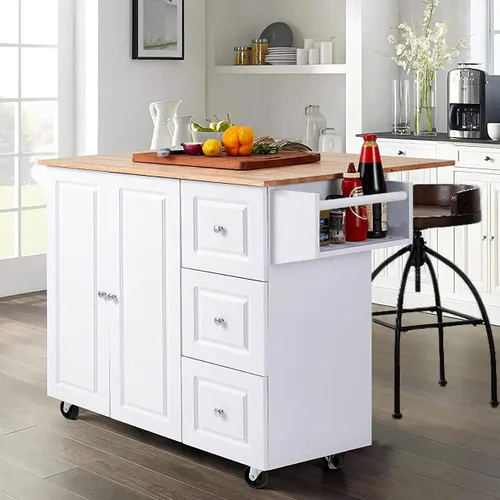 PHI VILLA Carrito de isla de cocina con ruedas - Isla de cocina móvil con hoja caída, mesa de cocina enrollable con almacenamiento