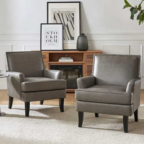 Miniatura 9 de HULALA HOME Silla decorativa moderna de piel sintética, cómoda silla tapizada con ribete de cabeza de clavo, sillón para sala de estar y dormitorio