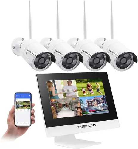 Sistema de cámara de seguridad inalámbrica 2K para exteriores con monitor de 10.1 pulgadas, 4 cámaras con cable de 3MP alimentadas por enchufe de