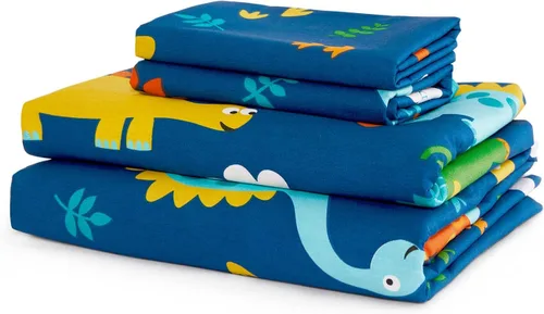 Miniatura 6 de Wake In Cloud - Sábanas de dinosaurio para niños, 100% algodón, juego de sábanas de 4 piezas para niños, lindo estampado colorido de dibujos Azul