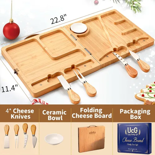 Miniatura 4 de UTCG Regalos de Tabla de Charcutería para Mujeres: Tabla de Queso Plegable de Bambú con Juego de Cuchillos - Regalo Único de Intercambio de Regalos