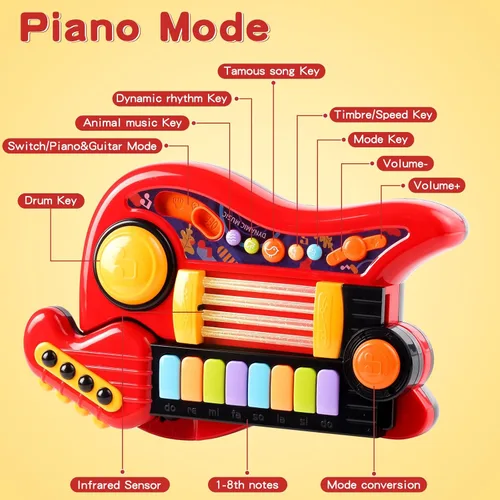 Miniatura 5 de Guitarra-Piano Infantil 2-en-1 Instrumento Musical, Guitarra para Niños Pequeños de 3-5 Años, Niños y Niñas, Juguete Educativo Ajustable, para Rojo