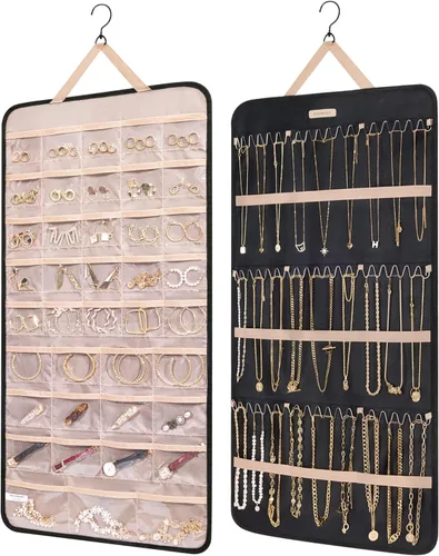Miniatura 12 de Organizador de joyas colgante BAGSMART con rollo de almacenamiento y ganchos metálicos, soporte doble para aretes, collares, anillos en el armario
