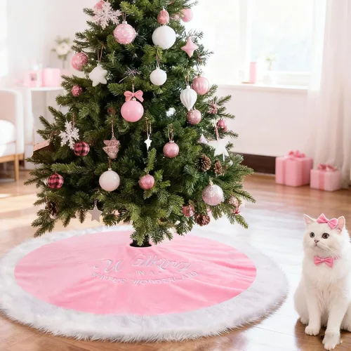 Miniatura 7 de yuboo - Falda de árbol de Navidad rosa de 48 pulgadas, gran alfombra de árbol de Navidad de piel sintética esponjosa con copos de nieve blancos