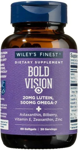 Wiley's Finest Wild Alaskan Fish Oil Bold Vision - Suplemento de salud ocular de aceite de pescado con luteína, zeaxantina, arándano, omega-7,