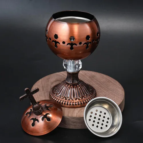 Miniatura 3 de Nazareth Store Quemador de incienso de latón pulido con carbón, soporte para incienso de iglesia cristiana, conos de incienso, cruz de 7.9 pulgadas