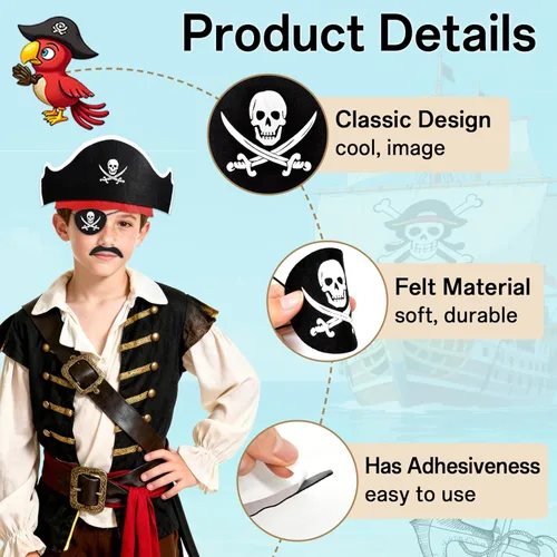 Miniatura 4 de Halatool 36 piezas de accesorios piratas para niños, juego completo de fiesta pirata para 12 personas con sombreros de fieltro suave, parches