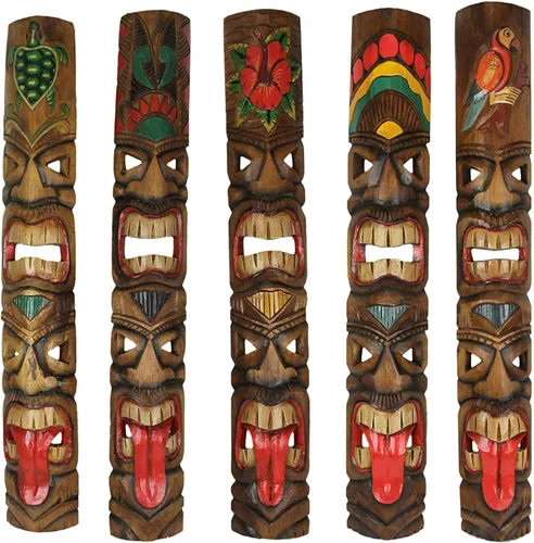Miniatura 18 de Zeckos Juego de 2 máscaras de pared Tiki de madera tallada a mano, 39 pulgadas de alto, acabado envejecido pintado, esculturas de pared para sala