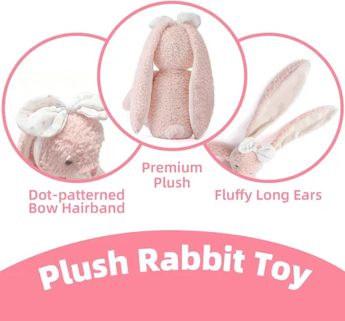 Miniatura 4 de Conejito de peluche de conejo suave, juguete de peluche de 10 pulgadas de largo, conejito de peluche con orejas y diadema de lazo blanco, juguetes