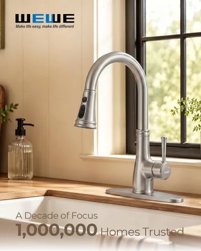 Miniatura 8 de Grifo de cocina con aerosol -WEWE de un solo agujero para fregadero de cocina con placa de cubierta, Plateado, A100806BN Níquel cepillado