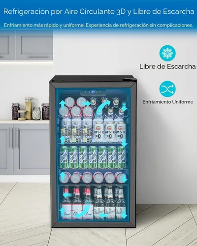 Miniatura 4 de Feelfunn Mini refrigerador de 3.2 pies cúbicos con puerta de cristal, refrigerador de bebidas para 126 latas para bebidas, cerveza, vino, refrescos