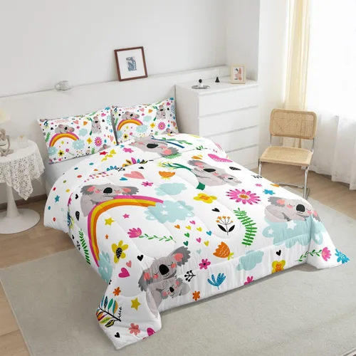 Miniatura 3 de Erosebridal Juego de Ropa de Cama Infantil Koala Lindo con Animales de Safari para Niños y Niñas, Juego de Edredón con Flores y Mariposas, Juego
