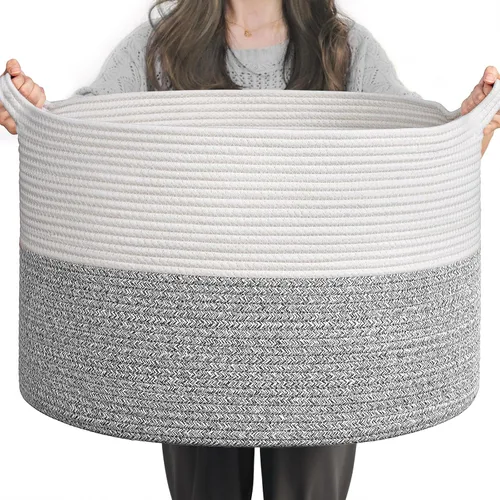 Miniatura 41 de INDRESSME Cesta de Cuerda de Algodón XXXLarge 21.7" x 21.7" x 13.8" Cestas Tejidas para Ropa de Bebé Cestas de Mantas Cesta de Juguetes con Textura